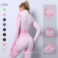 2021 Hot sale women seamless running gym breathable yellow yoga set fitness long sleeve high waist crop top for ladies
